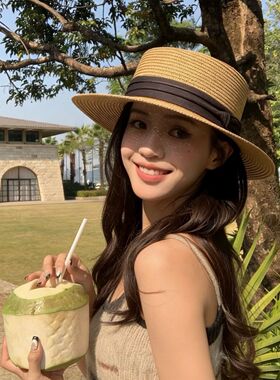 3分月光 法式平顶草帽女夏季海边沙滩礼帽防晒遮阳太阳帽编织帽子