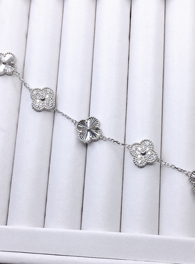 纯银精工车花双面镭射拼接镶嵌满锆石四叶草五花手链小众银手环