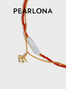PEARLONA财神鱼银条鸿运珠叠戴手链红玛瑙新年礼物女首饰淡水珍珠
