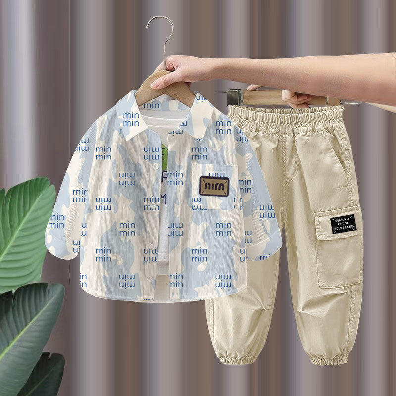 儿童炸街韩版衬衫外套两件套男童纯棉秋装套装春秋季新款中小童装,淘宝优惠券,粉丝福利购,淘宝优惠卷