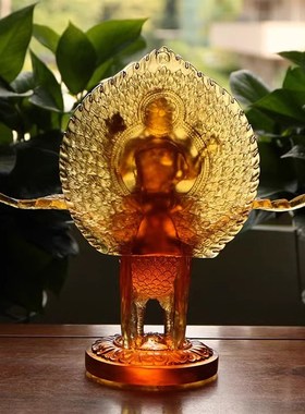 快速发货孔雀明王l佛古法琉璃佛母琥珀色礼盒装佛堂家居桌面纯手