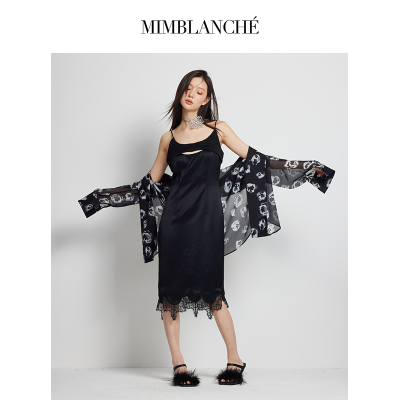 MIMBLANCHE旗舰店 黑色轻奢光泽感真丝玫瑰印花廓形外套23FW新品