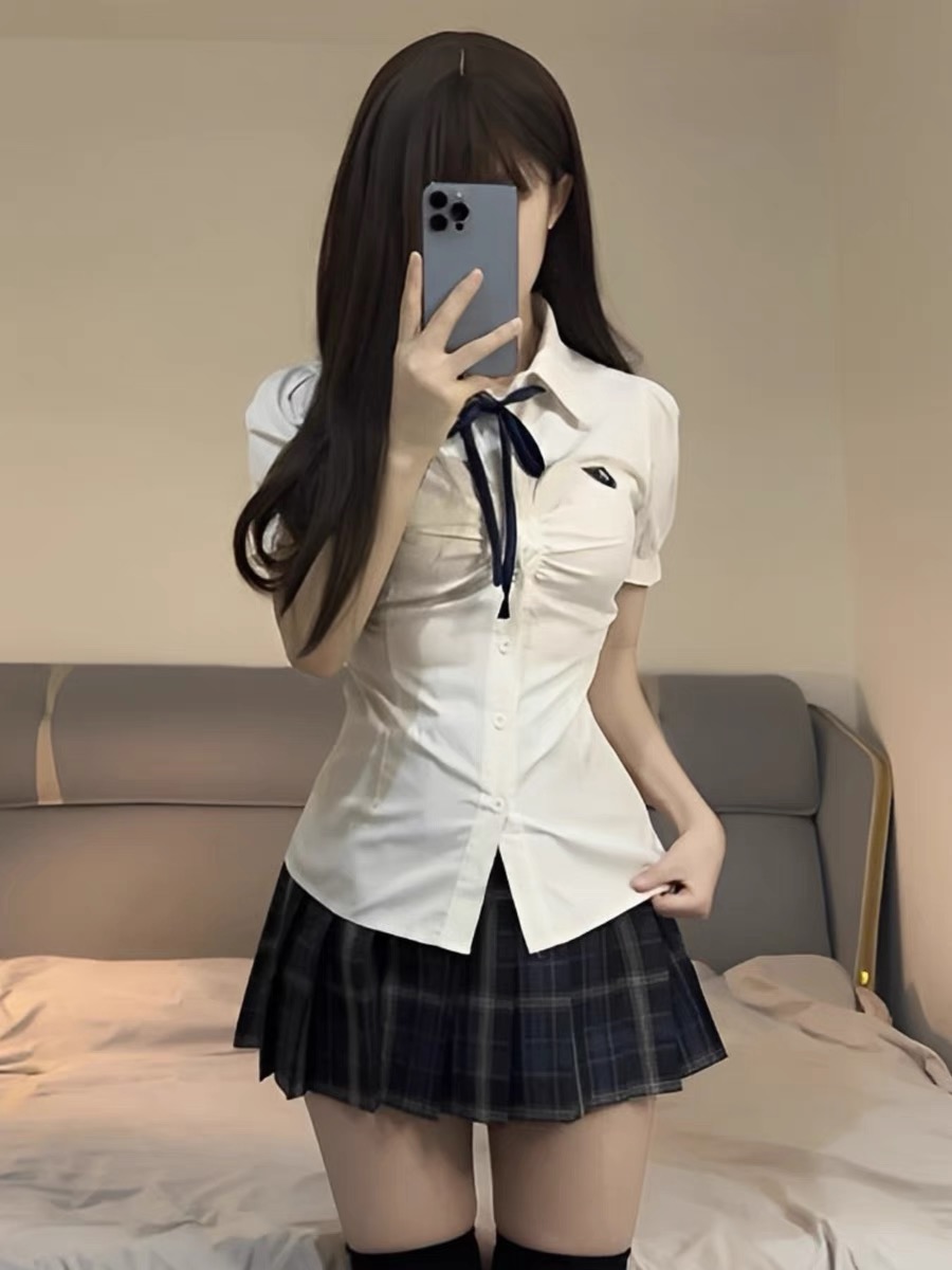 JK制服白色收腰衬衫女学院风夏季设计感小众辣妹泡泡短袖衬衣套装