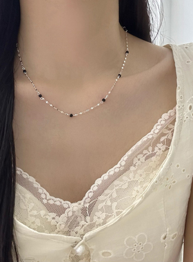 S925银黑色小米珠细项链女简约碎银隔珠锁骨链冷淡风百搭精致颈链