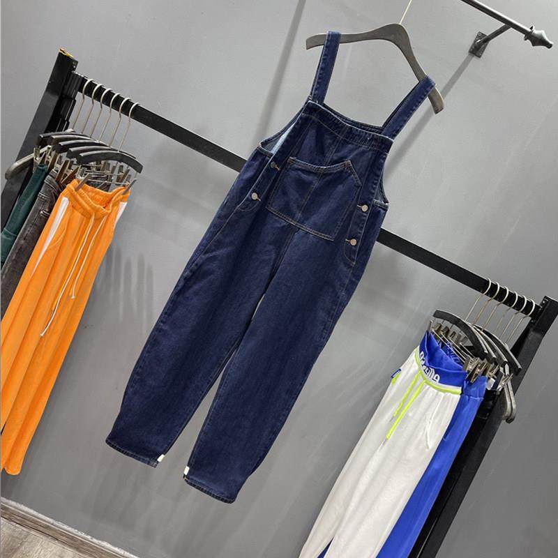 深蓝色减龄牛仔背带裤女新款宽松显瘦时尚休闲洋气直筒连体哈伦裤,淘宝优惠券,粉丝福利购,淘宝优惠卷