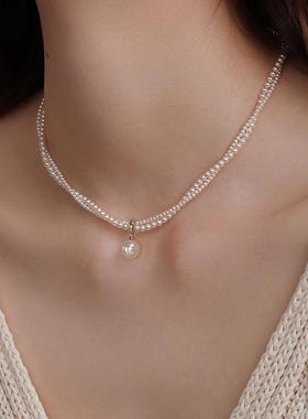 chomelkinsey双层叠戴珍珠吊坠项链女高级感轻奢小众百搭配饰颈链