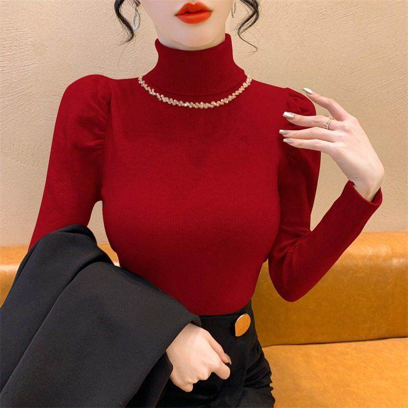 高领泡泡袖毛衣女士修身打底衫2025新款秋冬季爆款显瘦内搭针织衫,淘宝优惠券,粉丝福利购,淘宝优惠卷