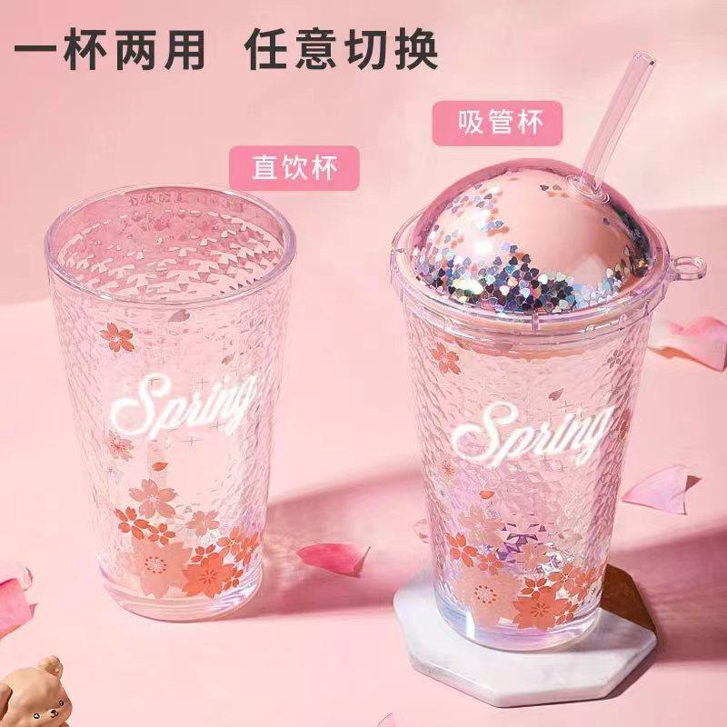 夏季网红樱花星空杯吸管杯玻璃杯女生吸管高颜值玻璃刻度杯水杯 - 图1