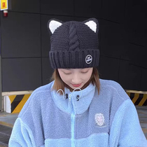 Black wool line hat children winter style display face small cat ears knit plus suede warm days 100 lap cute cold hat