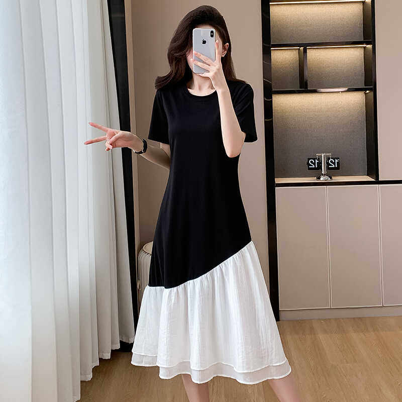 夏季休闲宽松显瘦大码连衣裙女2024新款韩版中长款拼接气质T恤裙,淘宝优惠券,粉丝福利购,淘宝优惠卷