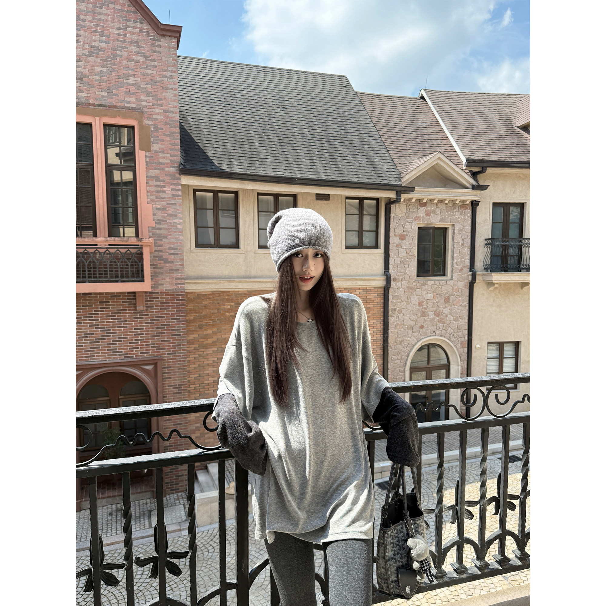 LIL CHER灰漾&复古慵懒感拼接长袖宽松巨显瘦假两件T恤上衣女春秋,淘宝优惠券,粉丝福利购,淘宝优惠卷