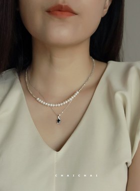 黑色锆石项链女925银高级感小众锁骨链椭圆吊坠叠戴简约百搭