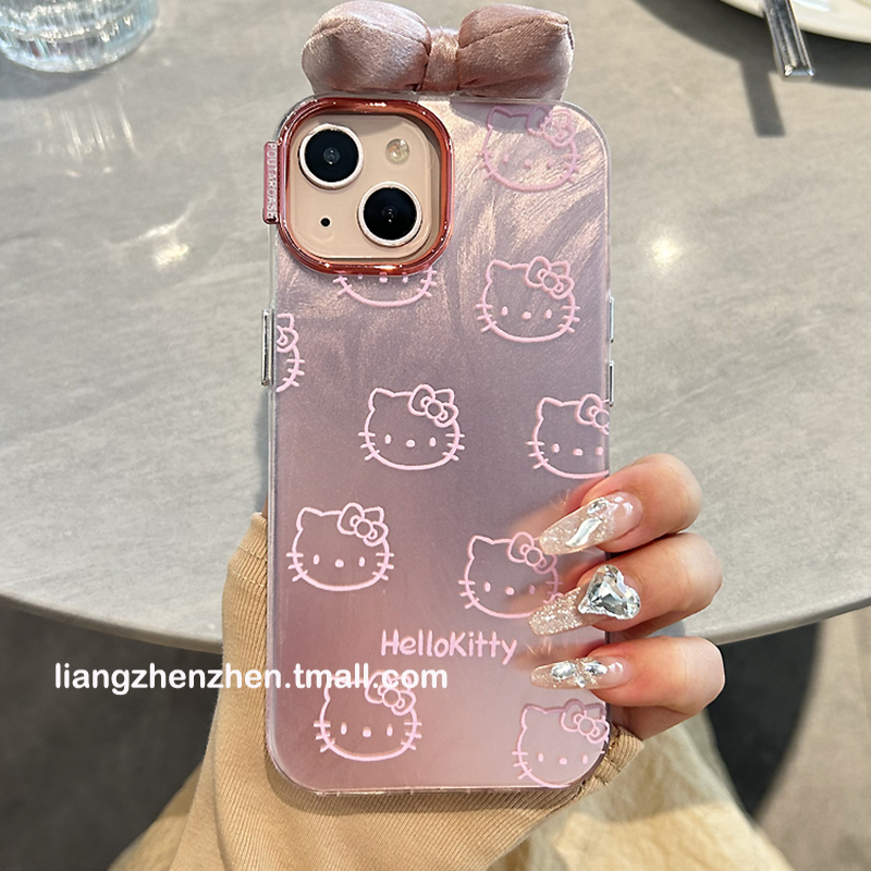 粉色羽纱HelloKitty蝴蝶结适用苹果15promax手机壳iphone14女款15pro新款13可爱高级女生12软边硬壳pro防摔11