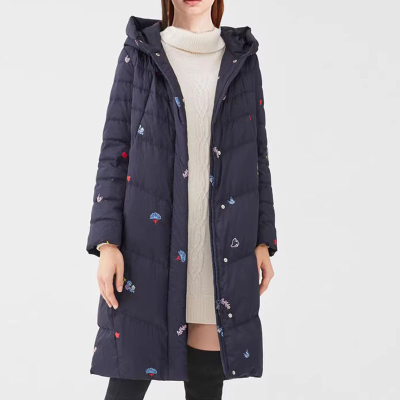 玖特清商场同款女装2024冬季新连帽刺绣加厚大码时尚中长款羽绒服