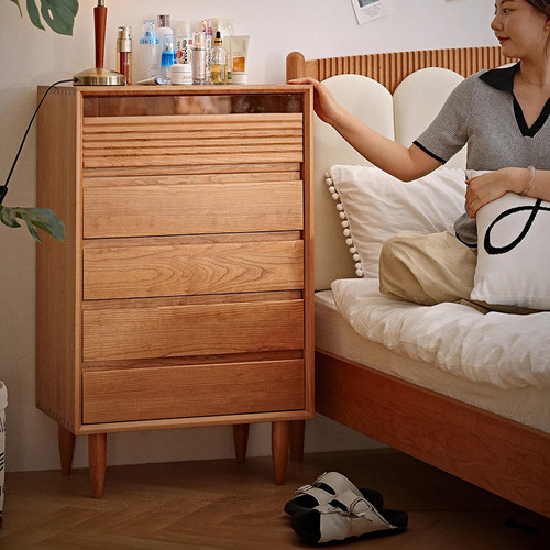 北欧实木樱桃木五斗柜复古日式客厅餐边抽屉柜卧室储物收纳柜子 - 图0