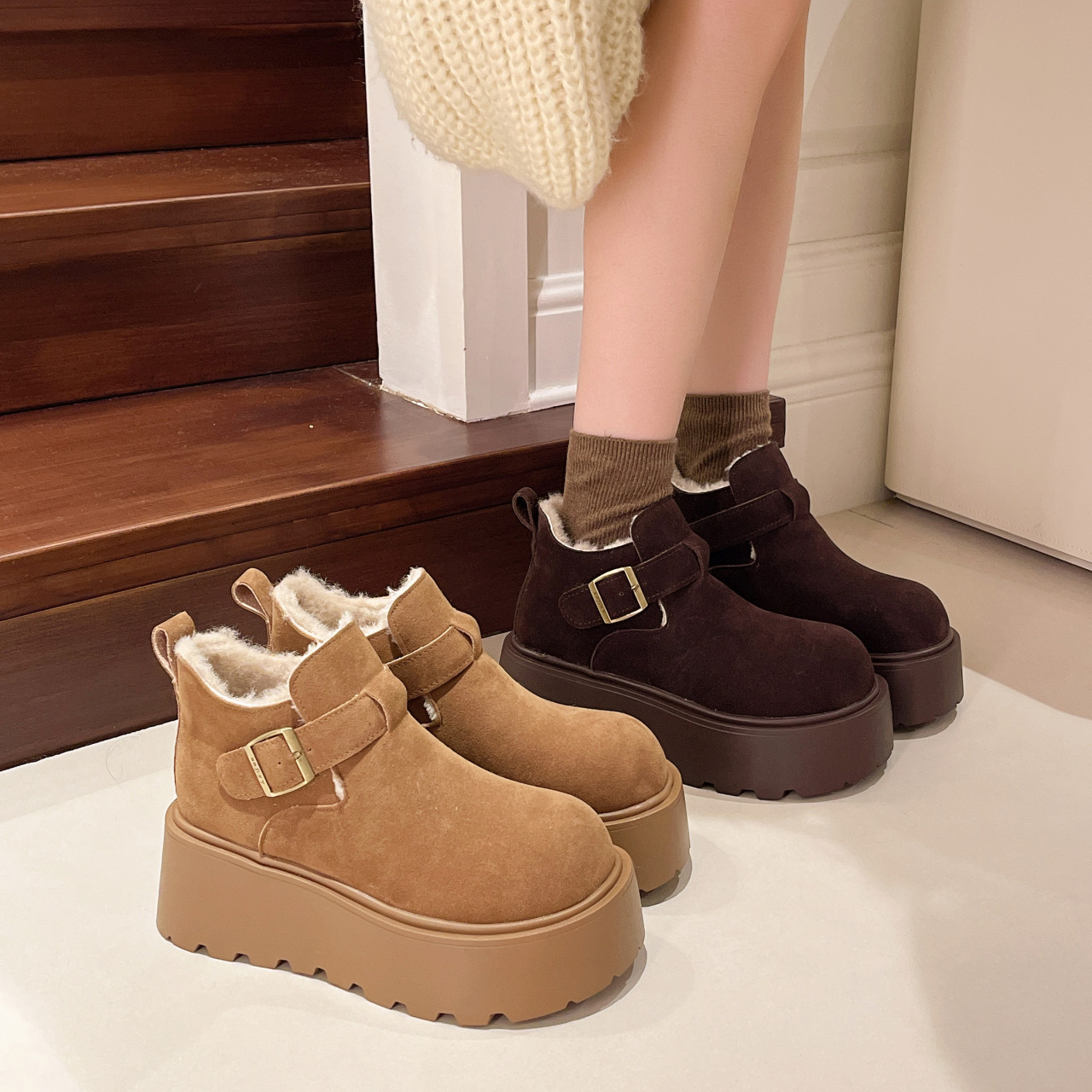 松糕厚底增高勃肯鞋女2025冬季加绒乐福鞋毛毛高帮棉鞋34码雪地靴,淘宝优惠券,粉丝福利购,淘宝优惠卷