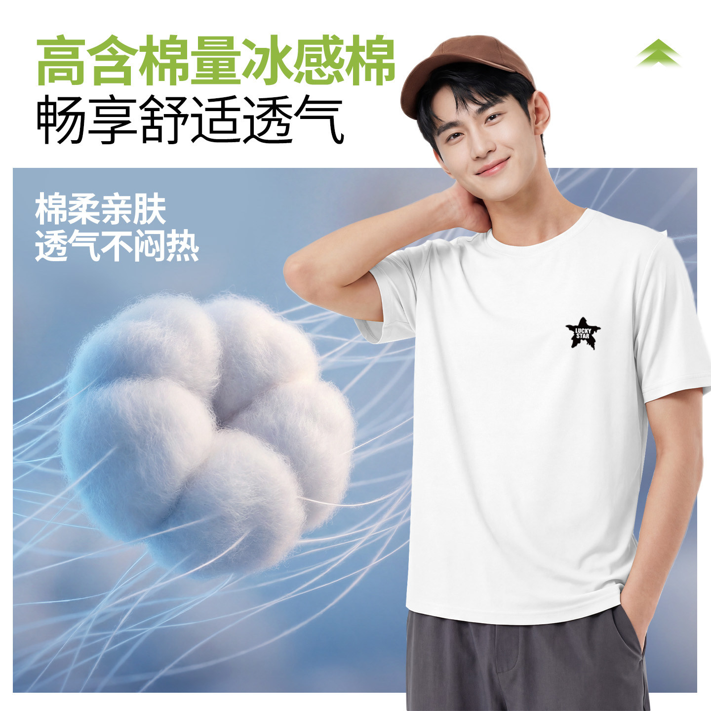 班尼路冰丝凉感白色短袖男士夏季幸运星印花圆领正肩T恤男上衣AK