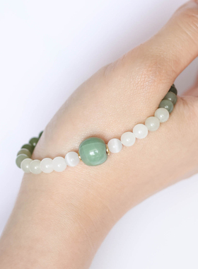 汝瓷和田玉手串汝窑手串猫眼石手串中式手链纯天然手串[碧水悠悠]