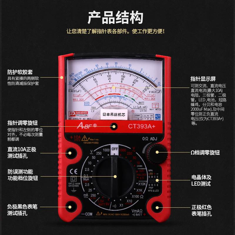 A-BF/不凡391A+指针式万用表机械式高精度防烧蜂鸣全保护万能表 - 图2