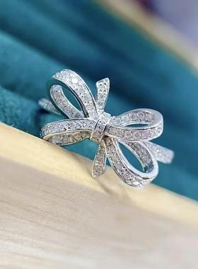 莫桑石银镀金满钻大蝴蝶结戒指