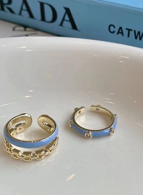 蓝色滴釉素圈戒指女夏时尚轻奢小众个性ins潮双层精致气质开口戒