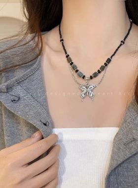 民族风复古串珠蝴蝶项链女新中式古着配饰ins嘻哈潮酷辣妹锁骨链