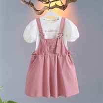 Girls dress for dress and summer clothes 2023 new fashion foreign air children pure cotton thin little girl pink braces skirt