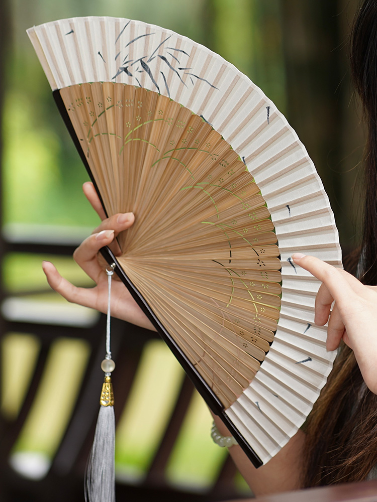 女式高级折扇女素雅扇子中国风旗袍走秀折叠扇古风汉服舞蹈复古小-图2