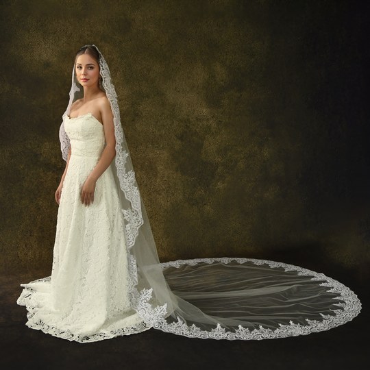 曼真长款拖尾新娘头纱无发梳蕾丝贴花奢华优雅大教堂欧式婚礼V68
