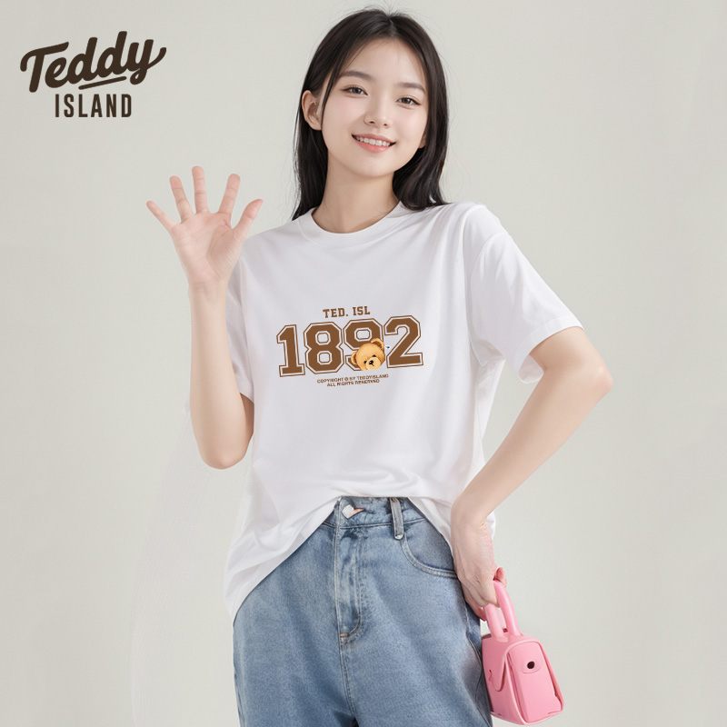 TEDDY ISLAND泰迪熊联名款2024新款韩版时尚T恤宽松版男女款短袖-图2