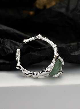 ears原创新中式戒指女生小众设计感S925纯银镶嵌国潮绿东陵玉饰品