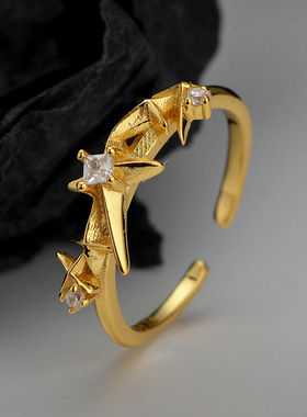 ears韩版简约S925纯银镶钻星星戒指女开口可调节ins冷淡风指环