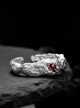 ears韩版小众中古S925纯银戒指女破损纹理ins开口马眼石食指环饰