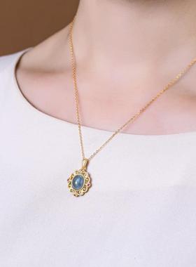 新中式蓝宝石古法金项链女秋冬毛衣链设计轻奢小众锁骨吊坠颈链潮