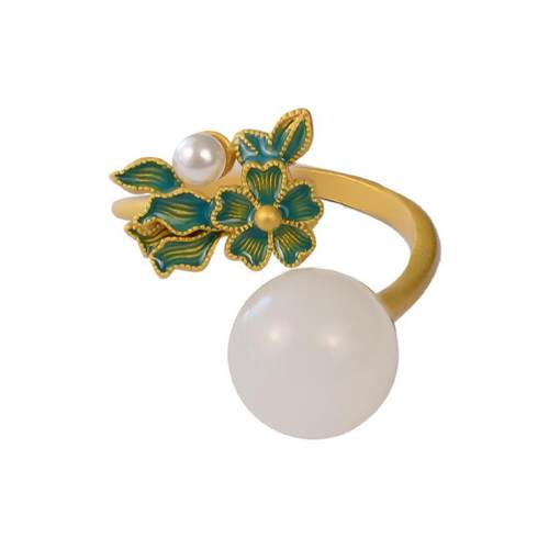 S925纯银镶嵌天然和田玉珍珠指环故宫古法金珐琅精致古典优雅戒指 - 图3