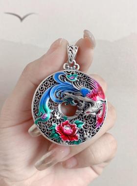 复古珐琅景泰蓝民族风双面凤凰如意牡丹花项链女国潮长款毛衣链女