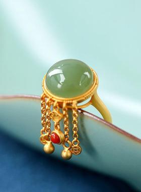 s925纯银镶嵌天然和田玉白玉碧玉流苏戒指活口可调节复古时尚指环