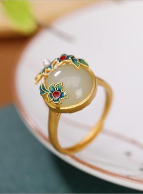 宫廷设计中国风典雅古法金珐琅彩景泰蓝多宝戒指镶嵌白玉南红指环