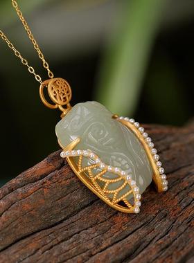 金蝉竹节纯银项链女古法金原创小众设计高级感新中式和田碧玉吊坠