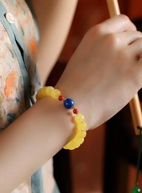 天然蜜蜡手串青金石南红圆珠个性手链鸡油黄飘白花俄料女饰品礼物