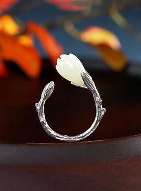 玉兰花仿S925泰银故宫上新玉白气质优雅高档开口女戒指指环