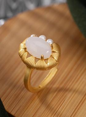 s925纯银和田玉戒指女小众轻奢设计感高级素圈食指环开口可调节