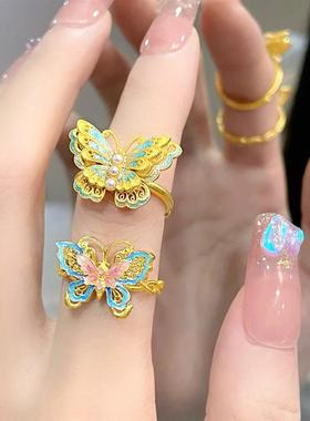 新中式金花边紫色粉色蝴蝶仿纯银戒指复古文艺镶嵌珍珠可调节指环