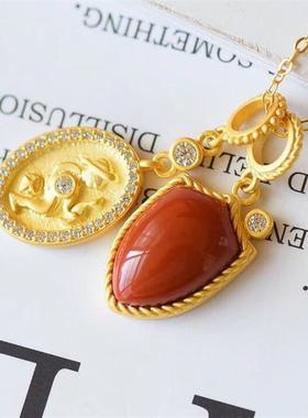 新中式天然南红玛瑙吊坠女圆形925纯银简约大牌玉石项链送人礼物