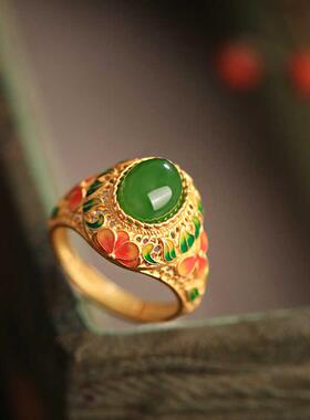 古法手工925银碧玺玉髓戒指女珐琅彩民族宫廷风复和田玉碧玉气质