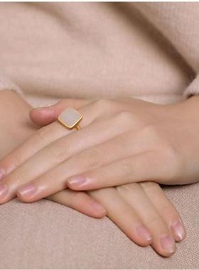 和田白玉石正方形戒指女款天然S925纯银羊脂复古开口中式国风指环