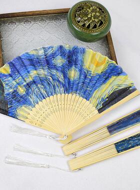 二青竹骨平板股扇子欧洲名画折扇日出印象女士绢扇21CM平板