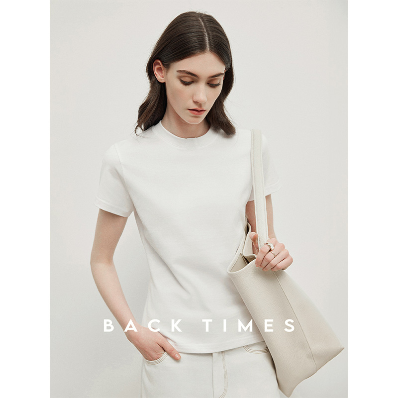 BACK TIMES初时新利落美学穿搭纯色圆领T恤正肩短袖上衣女 - 图2