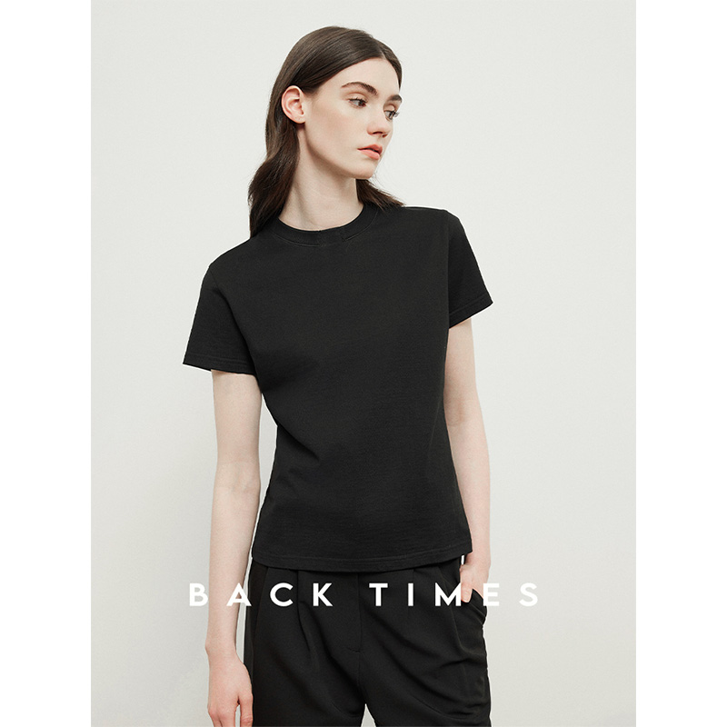BACK TIMES初时新利落美学穿搭纯色圆领T恤正肩短袖上衣女 - 图3