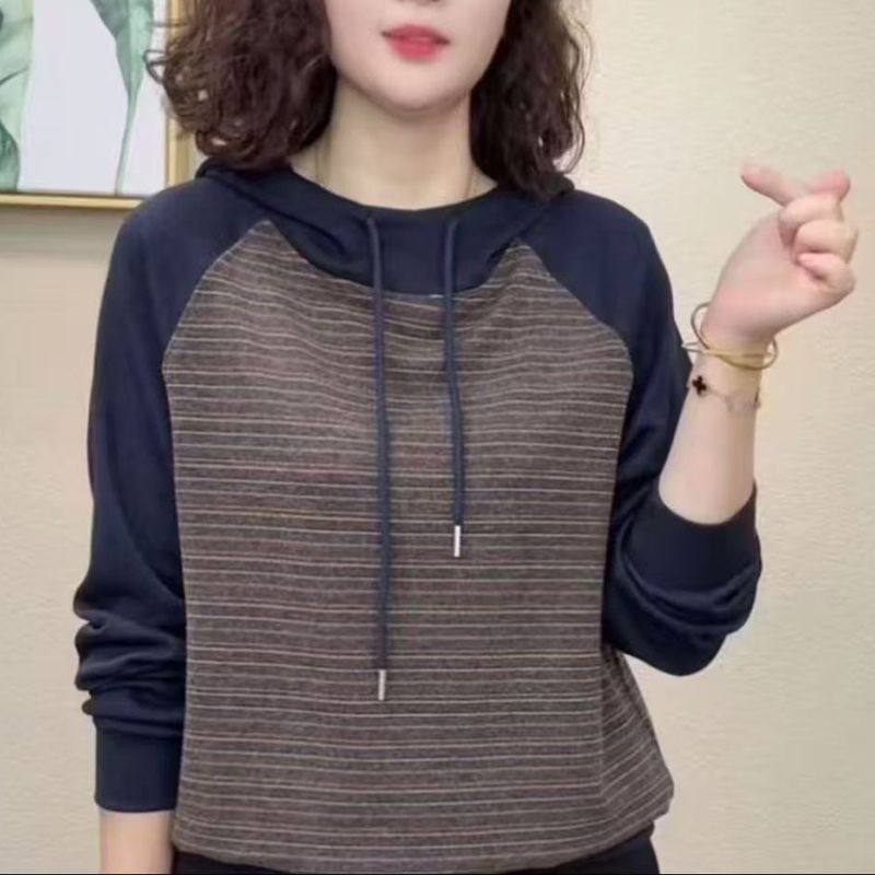 春秋新款百搭显瘦时尚洋气长袖宽松气质条纹上衣女士连帽卫衣,淘宝优惠券,粉丝福利购,淘宝优惠卷